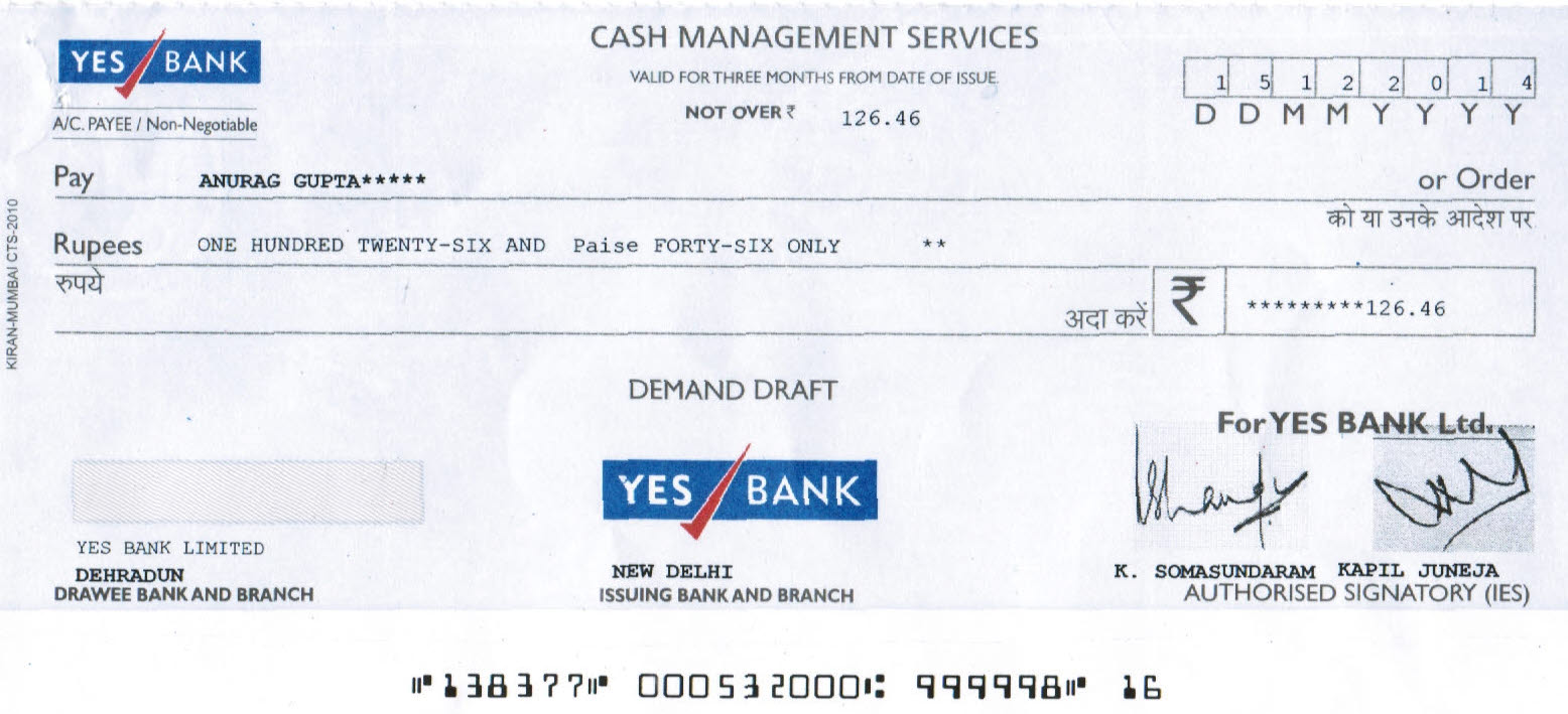 Sample Yes Bank DD